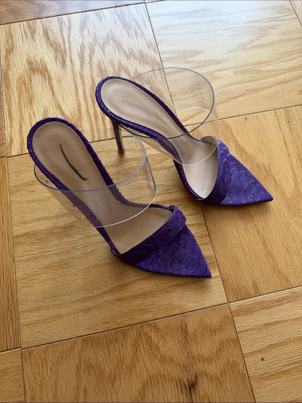 Gianvito Rossi Purple Pointed-Toe Clear PVC Strap Mule Heels 37 6.5 - Picture 1 of 9